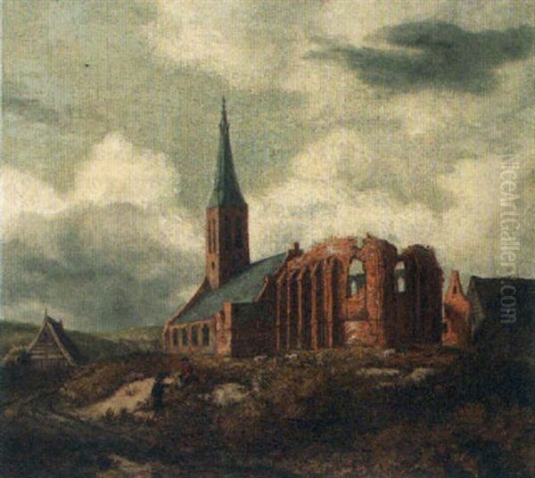 A Ruined Church With Two Travellers Resting By The Roadside Oil Painting by Anthonie Van Borssom