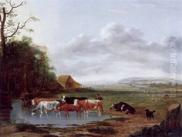 Weite Hollandische Landschaft Mit Hirt Und Herde An Einer Viehtranke Oil Painting by Anthonie Van Borssom