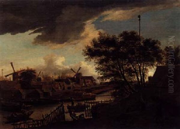 A View Of A Village With Rowing Boats On A River At Sunset Oil Painting by Anthonie Van Borssom