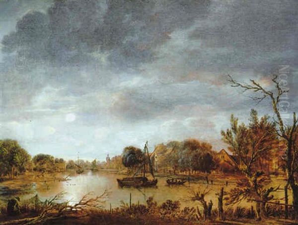 Fluslandschaft Im Mondschein Oil Painting by Anthonie Van Borssom