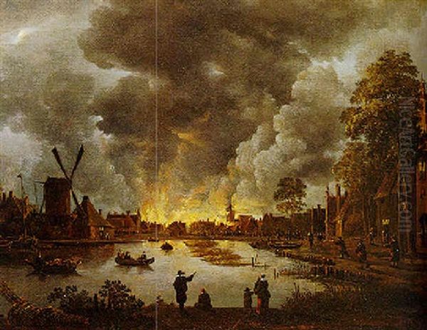 Fire In A Town At Night Oil Painting by Anthonie Van Borssom