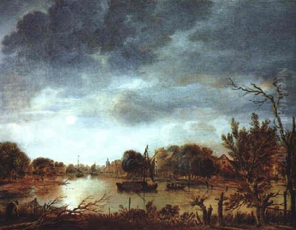 Fluslandschaft In Mondschein Oil Painting by Anthonie Van Borssom