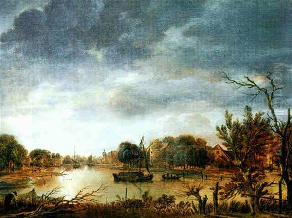 Fluslandschaft Mit Booten Im Mondschein Oil Painting by Anthonie Van Borssom