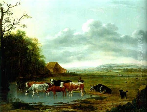 An Extensive Landscape With A Herdsman And Cattle Watering In The Foreground by Anthonie Van Borssom