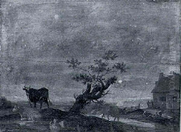 A Farmstead With Cows In A Landscape By A Blasted Tree Oil Painting by Anthonie Van Borssom