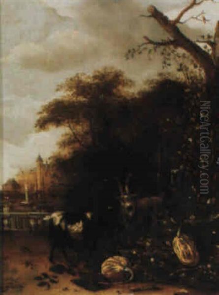 Goats In A Wooded Landscape With A Country House Beyond Oil Painting by Anthonie Van Borssom