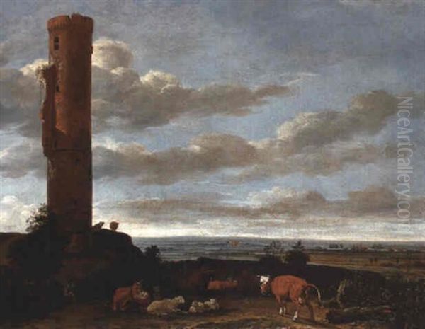 A Shepherd With Cattle And Sheep By A Tower In An Extensive Landscape Oil Painting by Anthonie Van Borssom