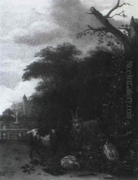 Goats By Pumpkins At The Edge Of A Wood Oil Painting by Anthonie Van Borssom