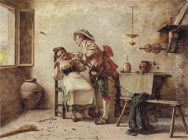 A Distraction From Chores Oil Painting by Giuseppe Bortignoni the Elder