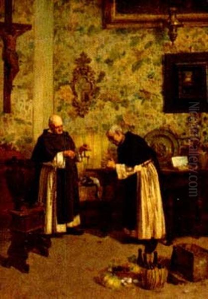 Genre Scene Of Two Priests Weighing Offerings Of Food Oil Painting by Giuseppe Bortignoni the Elder