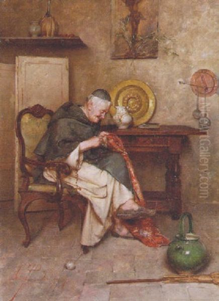 Mending The Cloth Oil Painting by Giuseppe Bortignoni the Elder