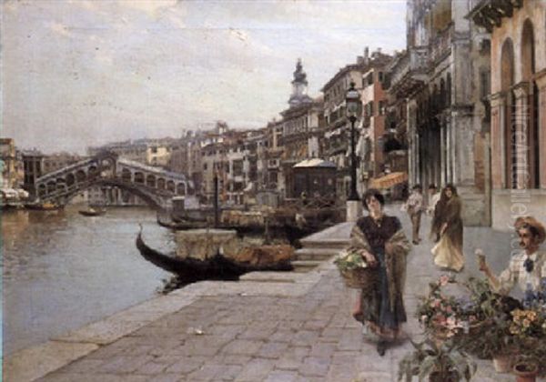 The Flower Vendor On The Grand Canal, Venice Oil Painting by Camillo Bortoluzzi