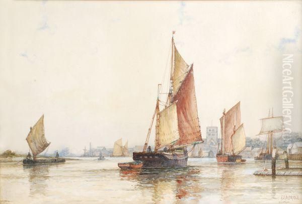 Vessels At A Harbour Mouth Oil Painting by Frederick James Aldridge