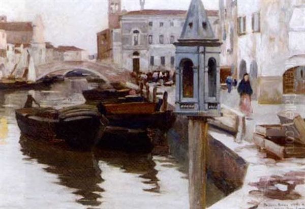 A Venetian Canal With Figures On The Quay Oil Painting by Pietro Bianco Bortoluzzi