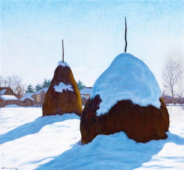 Hay-stacks In Winter (nagybanya) Oil Painting by Samu Boertsoek