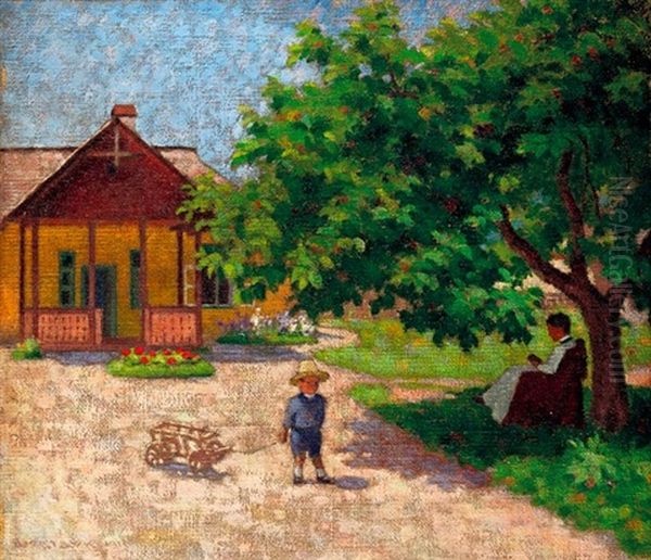 Napfenyes Kertben (+ Tajkepvazlat, Verso) Oil Painting by Samu Boertsoek