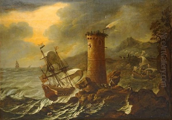 Navires Sur Une Mer Agitee Aux Abords D'un Phare Oil Painting by Francesco Maria Borzone