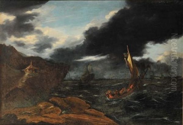 Naufragi In Prossimita Della Costa (pair) Oil Painting by Francesco Maria Borzone