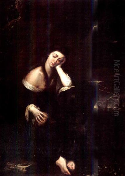 Saint Mary Magdalen Meditating In A Stormy Landscape Oil Painting by Luciano Borzone