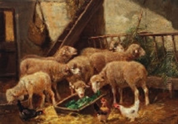 Stall Mit Schafen Und Huhnern Oil Painting by Gerard Johannes Bos