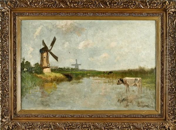 Muhlenlandschaft Mit Kuhen Am Weiher Oil Painting by Gerard Johannes Bos