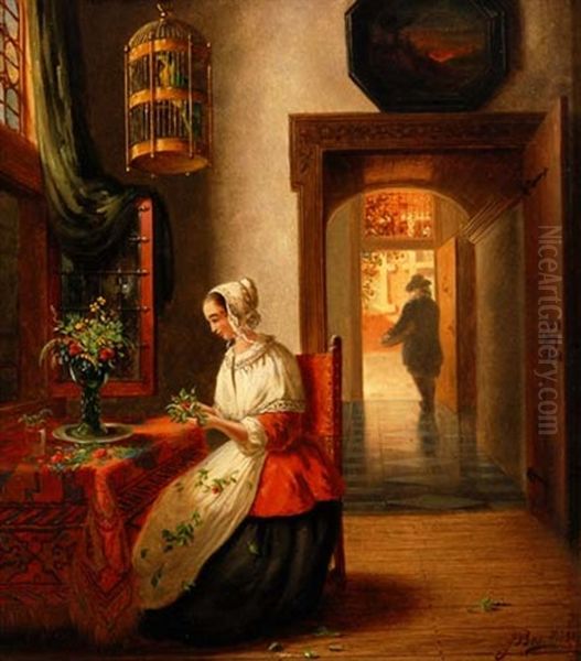 Madchen Beim Blumenbinden Oil Painting by Gerard Johannes Bos