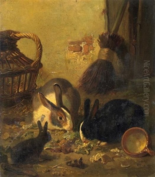 Hasenfamilie Vor Dem Stall, Buntes Gemuse Futternd Oil Painting by Gerard Johannes Bos