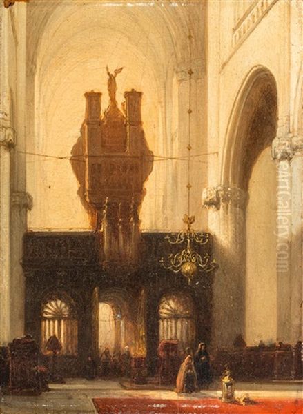 Figures In A Church Near The Pipe Organ (1840-1850) Oil Painting by Johannes Bosboom