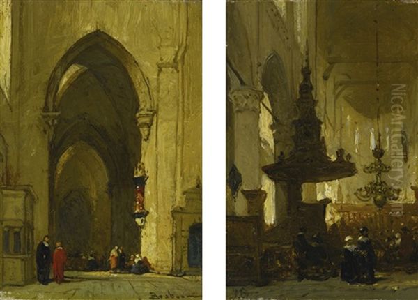 The Interior Of Domkerk Te Trier, Germany And The Pulpit Of The Nieuwe Kerk, Amsterdam: Two Paintings Oil Painting by Johannes Bosboom