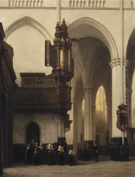 The Interior Of The Nieuwe Kerk In Amsterdam With Burgerweesmeisjes Near The Transept Organ Oil Painting by Johannes Bosboom