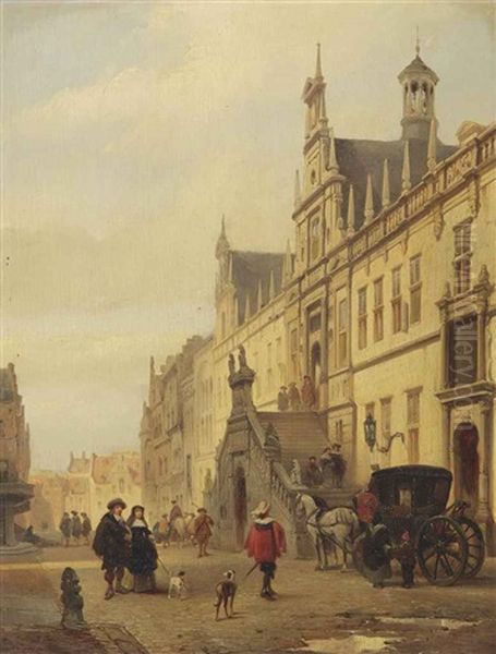 View Of The Breestraat In Leiden With Figures Before The City Hall Oil Painting by Johannes Bosboom