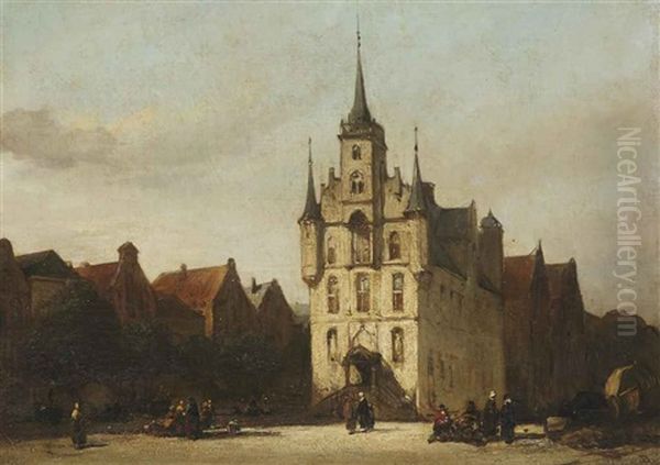 Townspeople Near The Townhall Of Gouda Oil Painting by Johannes Bosboom