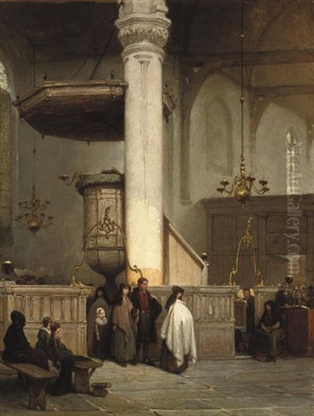 Doopplechtigheid In De Noorderkerk Te Hoorn - Baptism In A Sunlit Church Oil Painting by Johannes Bosboom