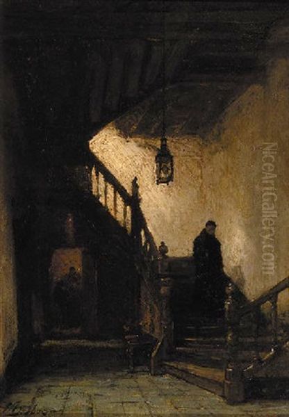 Kloostertrap Te Boxmeer: A Monk Descending A Staircase Oil Painting by Johannes Bosboom