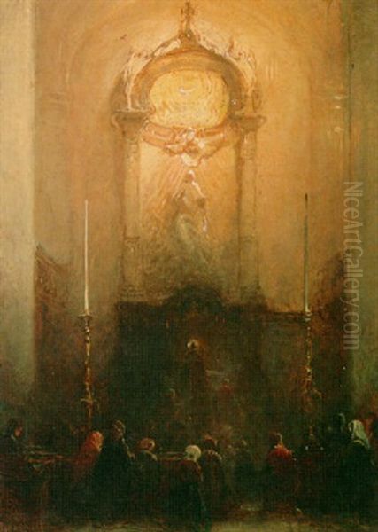 Voor Het Altaar (interior Of The Great Or German Synagogue, The Hague?) Oil Painting by Johannes Bosboom