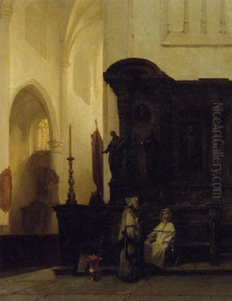 A Gothic Church Interior In Wouw, With Monks Conversing by Johannes Bosboom