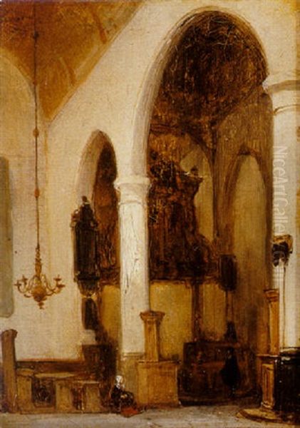 A Woman In A Church Interior Oil Painting by Johannes Bosboom