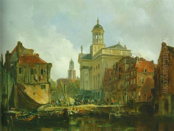 A Capriccio View Of Utrecht With The St. Augustinus Church And The Dom Tower Beyond Oil Painting by Johannes Bosboom