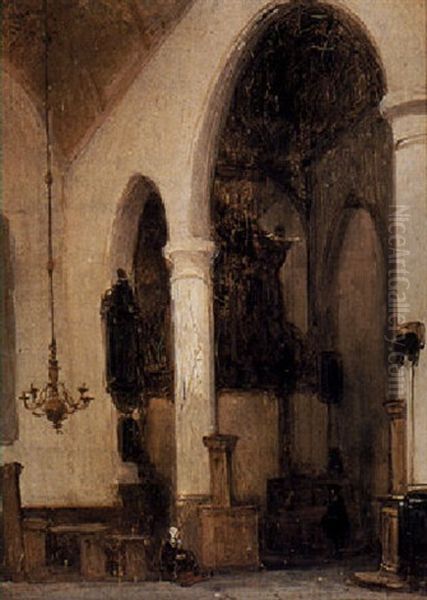 A Woman In A Church Interior Oil Painting by Johannes Bosboom