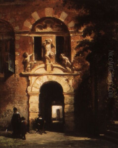 Figures In Front Of A Town Gate Oil Painting by Johannes Bosboom