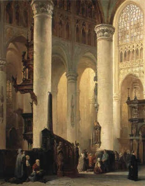 The Interior Of The Grote Kerk, Breda, With Believers Oil Painting by Johannes Bosboom