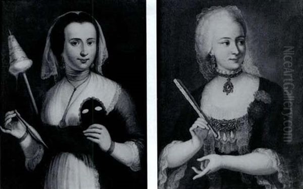 Portraits Of An Elegant Lady Dressed In A Formal Gown And A Spinner Holder A Distaff And Spindle In One Hand And A Mask Oil Painting by Francesco Boscarato