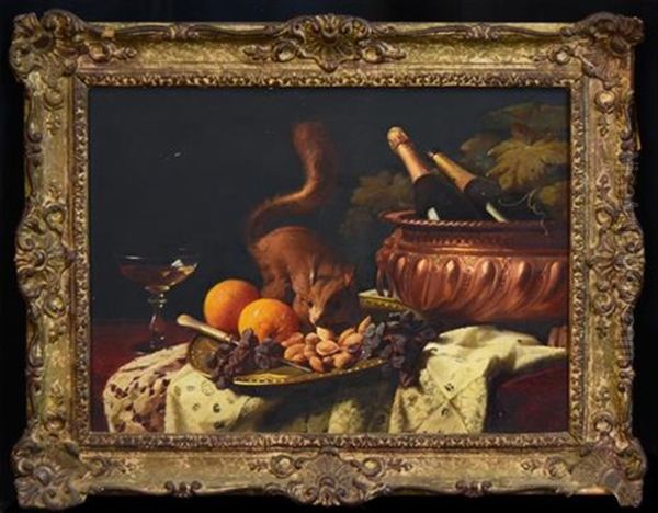 Still Life And Squirrel Oil Painting by Edouard Van Den Bosch