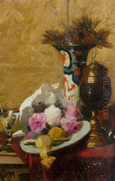 A Still Life With Flowers, Fruit And Cup Oil Painting by Edouard Van Den Bosch