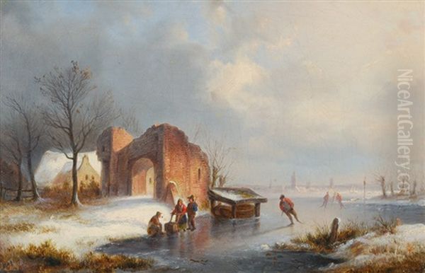 Winter Landscape With Skaters On A Frozen River Oil Painting by Ernst Bosch