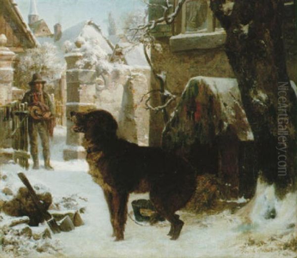 Gardsmotiv Med Hund Och Musikant, Vinter by Ernst Bosch