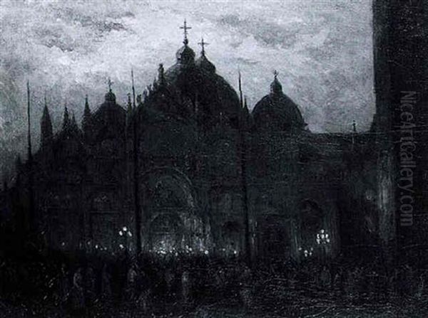 Numerous Figures In Front Of The San Marco, Venice, At Night Oil Painting by Etienne Marie Theodore Bosch