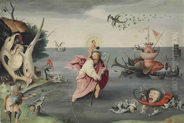 Saint Christopher Carrying The Christ Child Through A Sinful World Oil Painting by Hieronymus Bosch