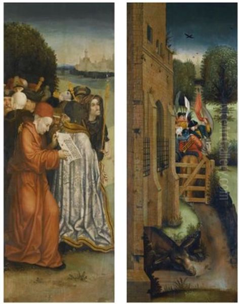 Two Wings Of An Altarpiece: A Crowd Of Onlookers Before A Fantastical City; An Army Taking Leave Of A Castle (pair) Oil Painting by Hieronymus Bosch