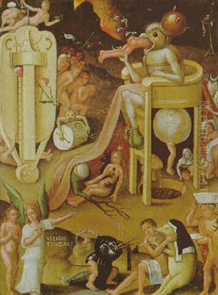 Ein Engel Zeigt Einer Menschlichen Seele In Der Gestalt Eines Nackten Mannes Die Holle by Hieronymus Bosch